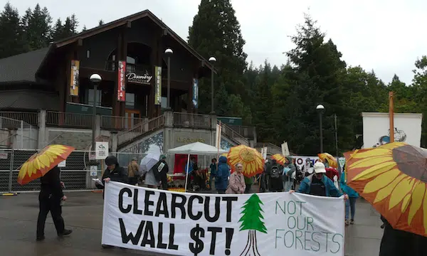 | Climate activists protesting forest biomass outside a conference at the World Forestry Center in Portland Oregon last month WNVNick Englefried | MR Online